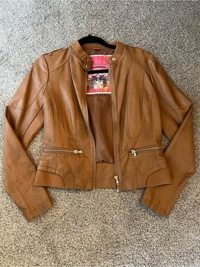 Collection B Women's Brown Faux Leather Moto Jacket